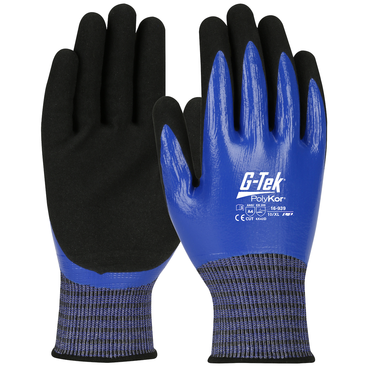 Seamless Knit PolyKor™ X7™ Blended Glove with Double-Dipped Nitrile Coated MicroSurface Grip on Full Hand - Touchscreen Compatible, Blue, L