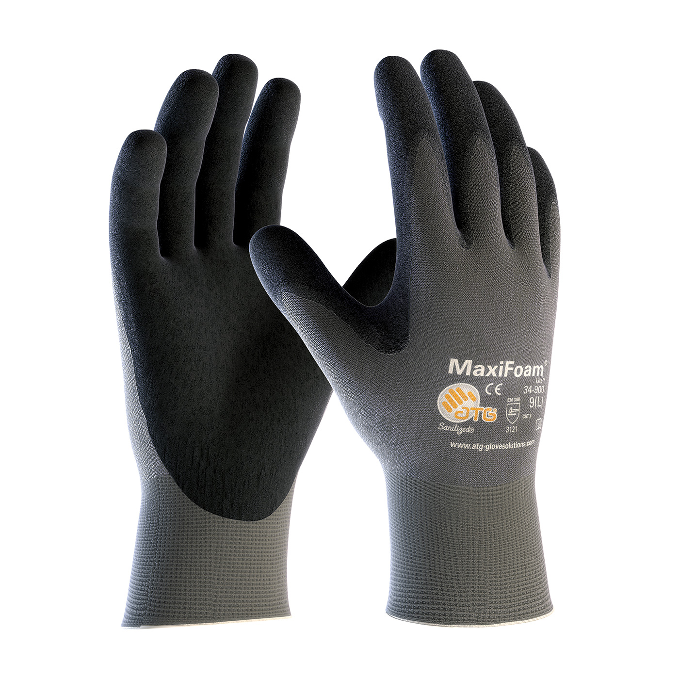 Seamless Knit Nylon Glove with Nitrile Coated Foam Grip on Palm &amp; Fingers - Vend-Ready, Gray, L