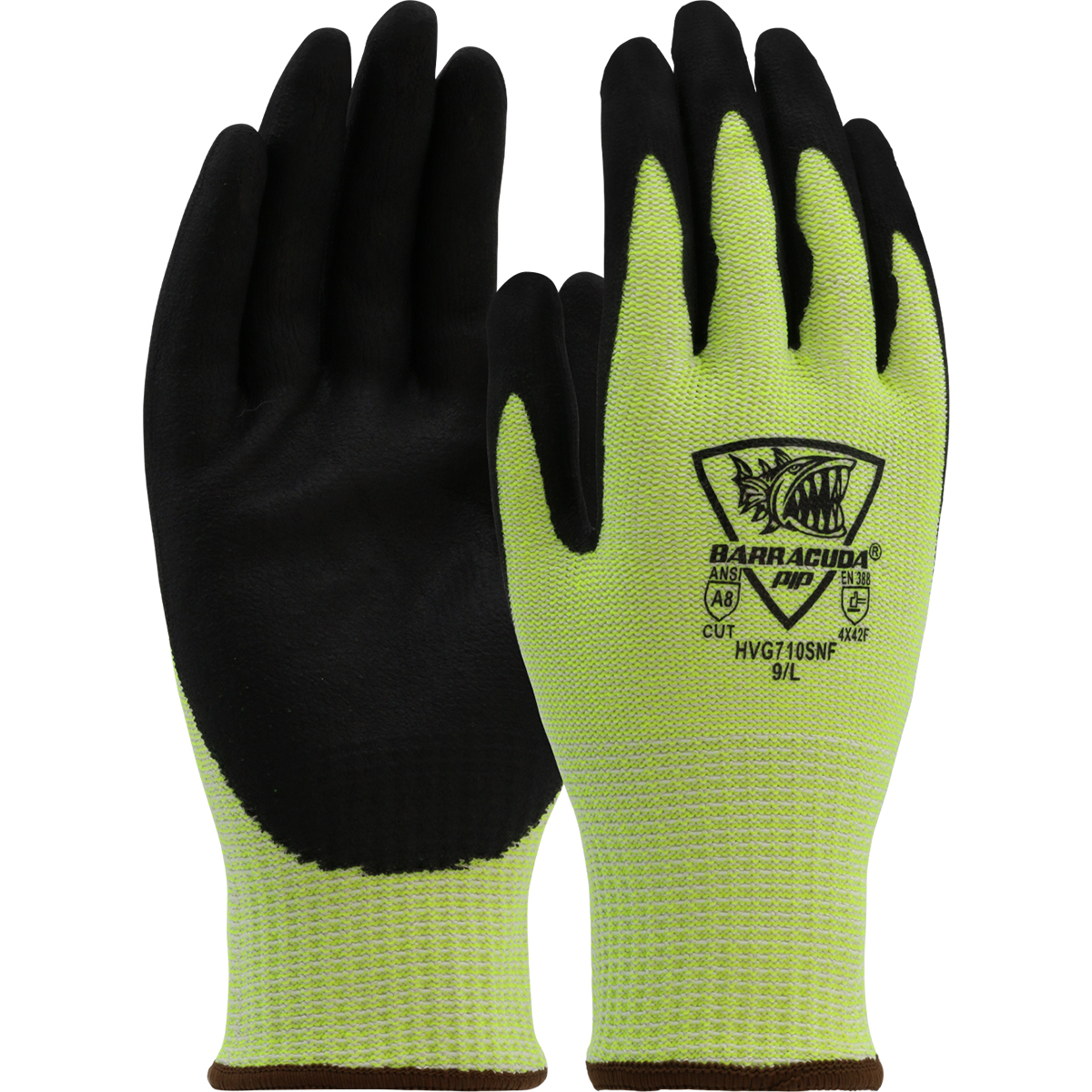 Barracuda® Cut Force™ Hi-Vis Seamless Knit Polykor Blended Glove with Nitrile Coated Foam Grip on Palm & Fingers