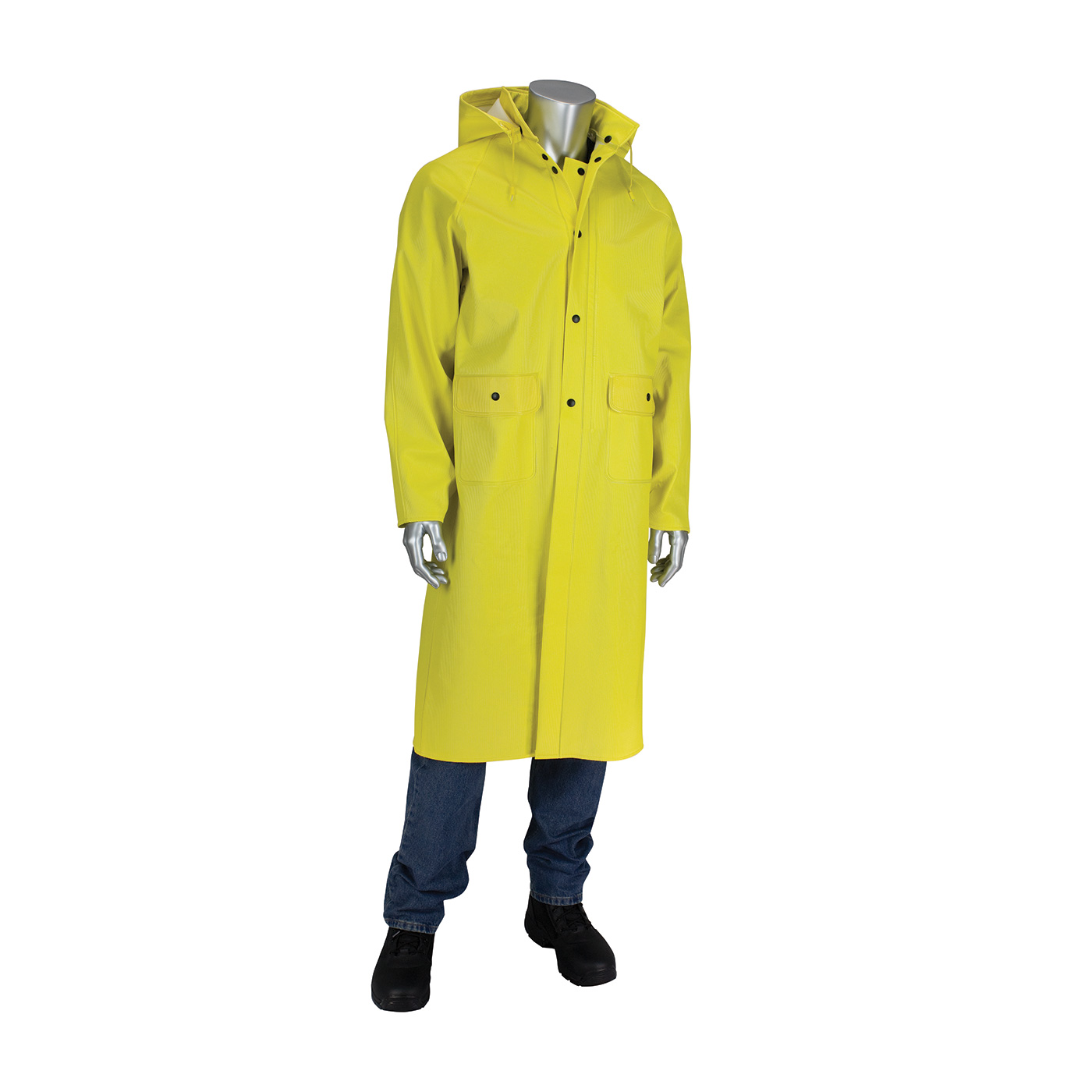 Ribbed PVC 48" Jacket with Hood - 0.65 mm, Yellow, 2XL