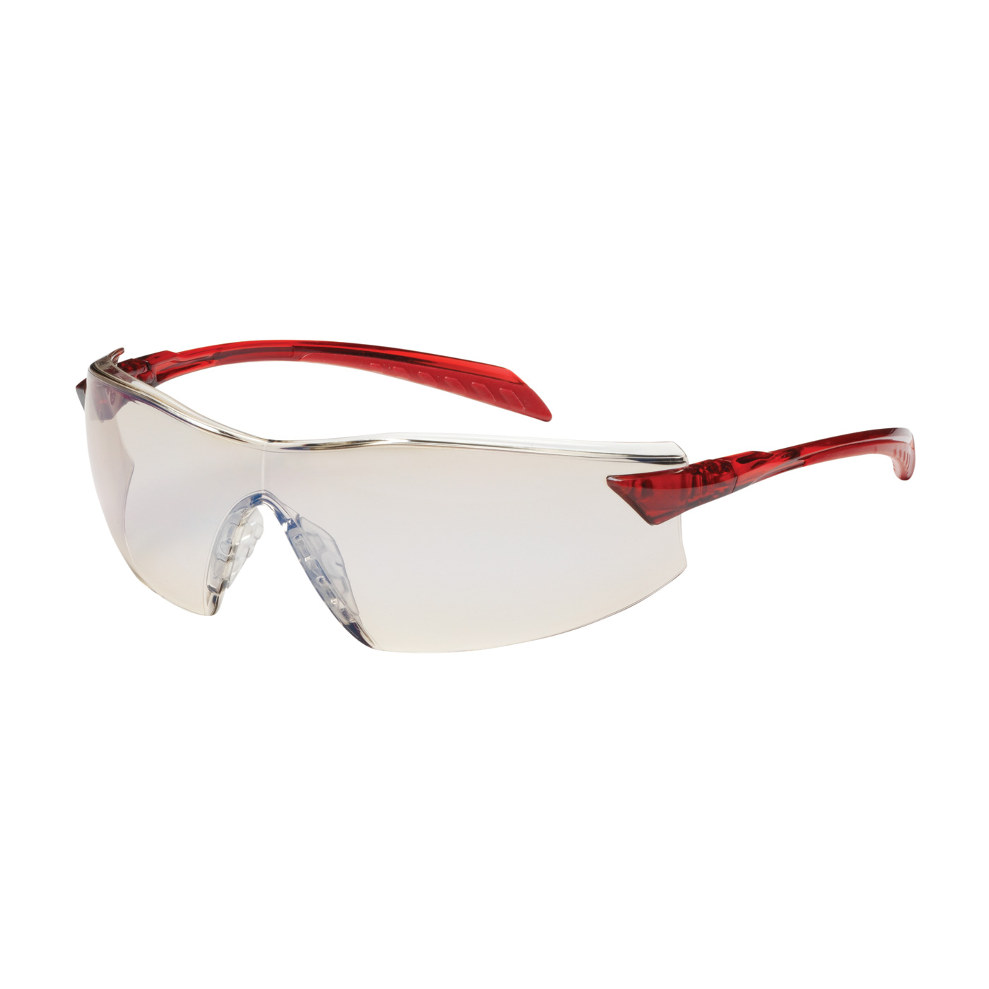 Rimless Safety Glasses with Red Temple, I/O Blue Lens and Anti-Scratch / Anti-Fog Coating, Red, OS