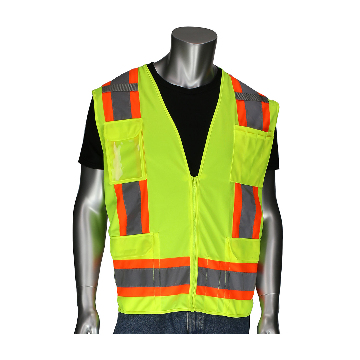 Black Label ANSI Type R Class 2, Surveyors Vest with Solid Front, Mesh Back, "D" Ring Access, Hi-Vis Yellow, 2XL