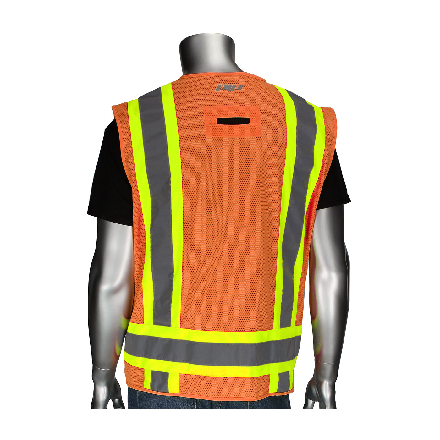 ANSI Type R Class 2 Two-Tone Eleven Pocket Surveyors Vest with Solid Front, Mesh Back  and &quot;D&quot; Ring Access, Hi-Vis Orange, M