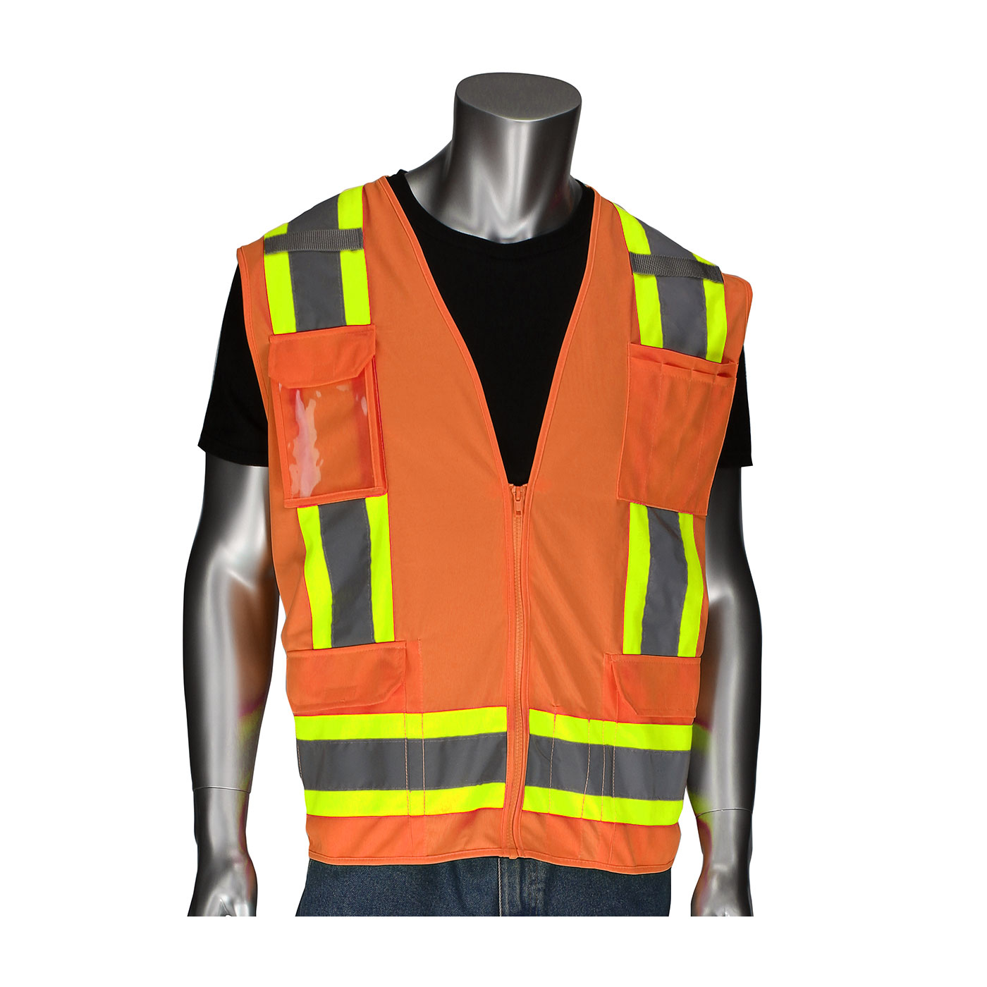 PIP® ANSI Type R Class 2 Two-Tone Eleven Pocket Surveyors Vest with Solid Front, Mesh Back  and "D" Ring Access