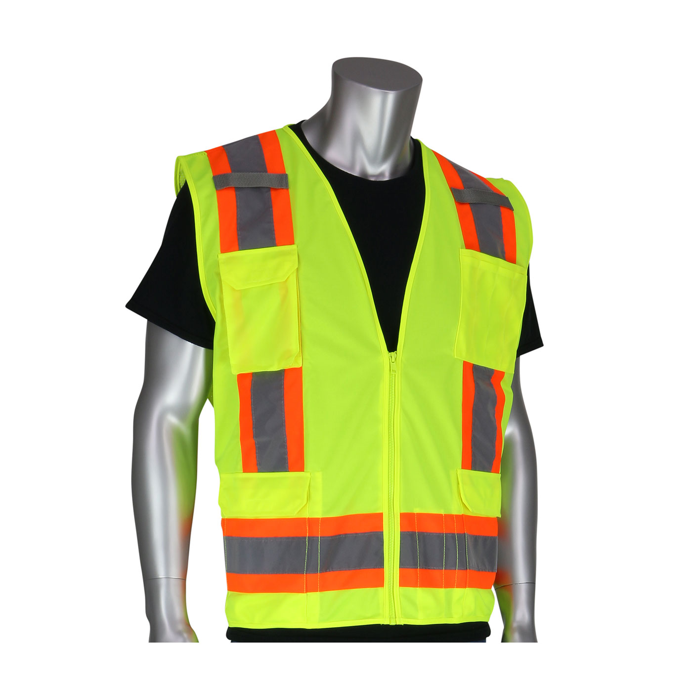 ANSI Type R Class 2 Two-Tone Eleven Pocket Surveyors Vest with Solid Front and Mesh Back, Hi-Vis Yellow, 2XL