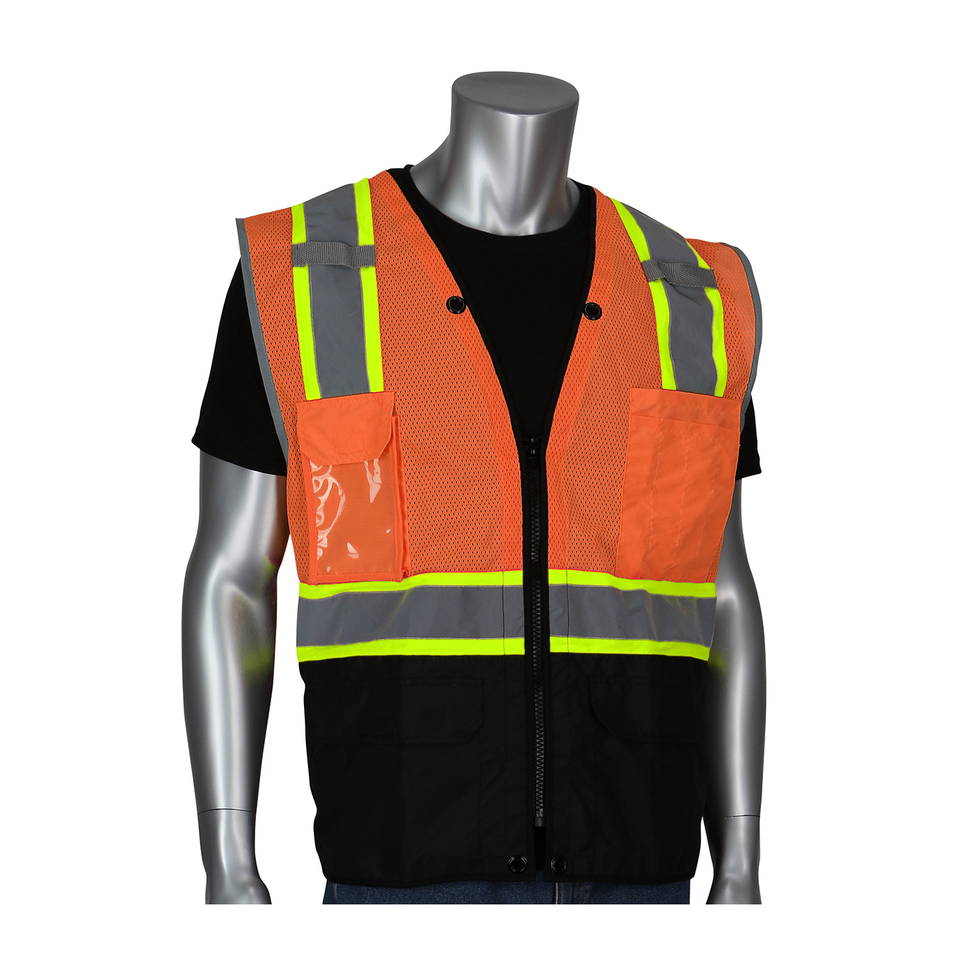 PIP® ANSI Type R Class 2 Two-Tone Eleven Pocket Tech-Ready Mesh Surveyors Vest with Ripstop Black Bottom Front and "D" Ring Access