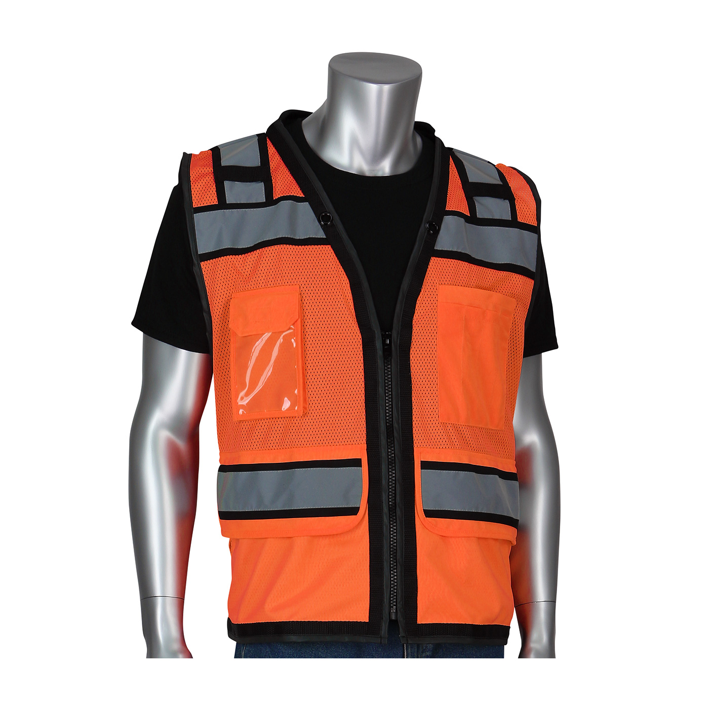 PIP® ANSI Type R Class 2 Black Two-Tone Eleven Pocket Tech-Ready Mesh Surveyors Vest with "D" Ring Access