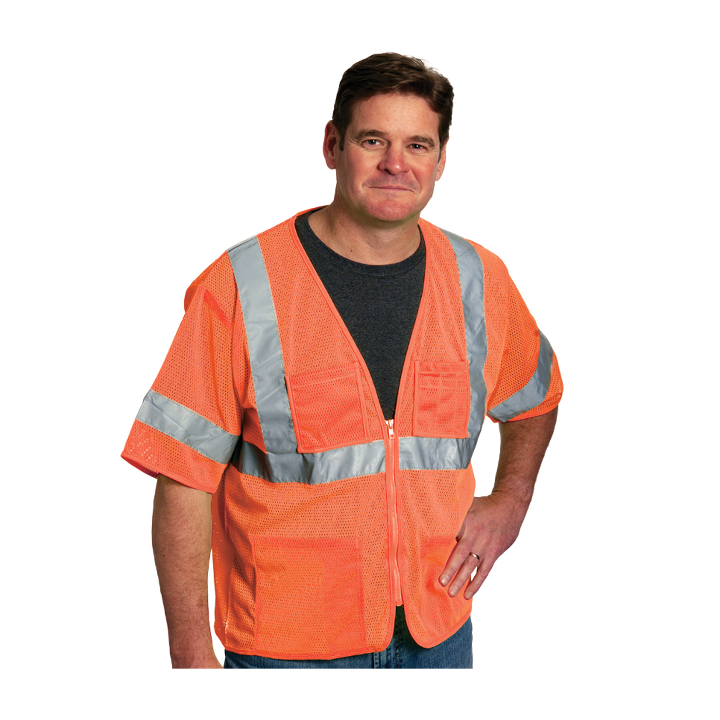 ANSI Type R Class 3 Value Four Pocket Zipper Mesh Vest, Hi-Vis Orange, 3XL