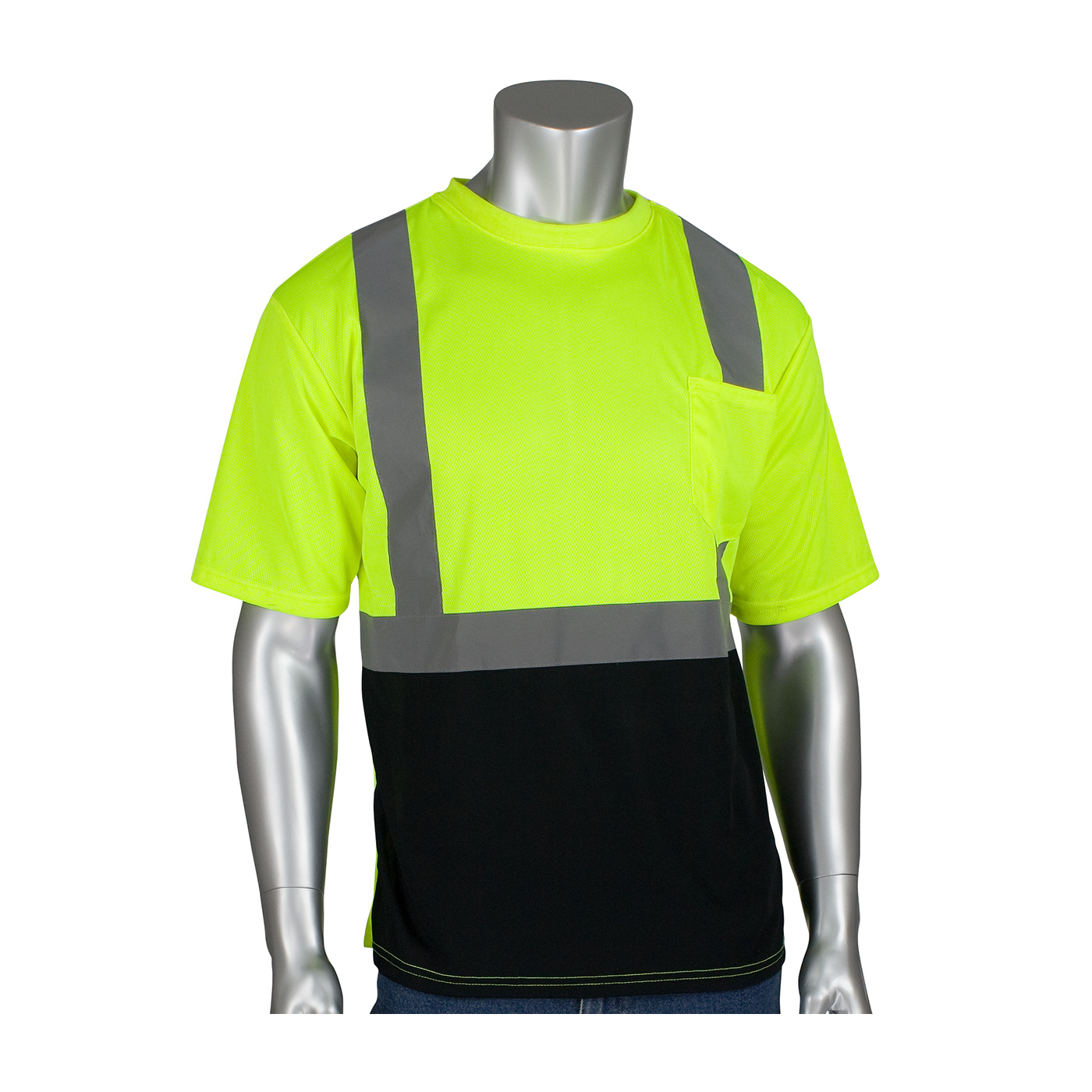 ANSI Type R Class 2 Short Sleeve T-Shirt with 50+ UPF Sun Protection and Black Bottom Front, Hi-Vis Yellow, 2XL