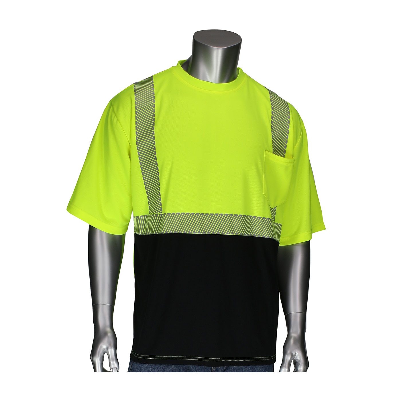 ANSI Type R Class 2 Short Sleeve T-Shirt with Black Bottom Front, Hi-Vis Yellow, L