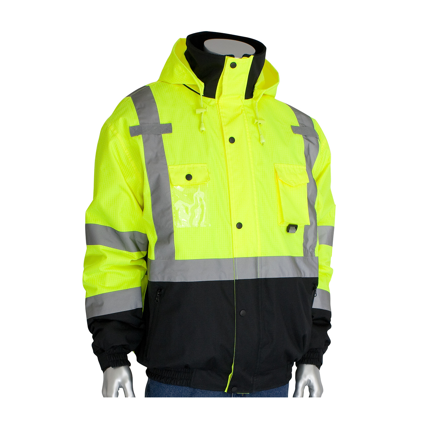 ANSI Type R Class 3 Rip Stop Premium Plus Bomber Jacket with Zip-Out Fleece Liner and "D" Ring Access, Hi-Vis Yellow, XL