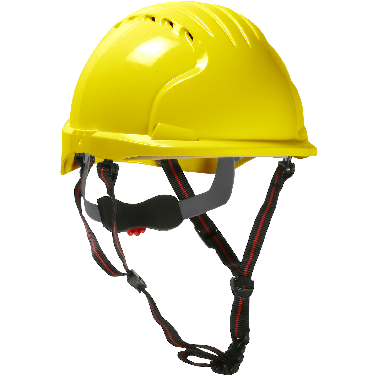 Vented, Short Brim Safety Helmet with HDPE Shell, 4-Point Chinstrap, 6-Point Suspension and Wheel Ratchet Adjustment, Yellow, OS