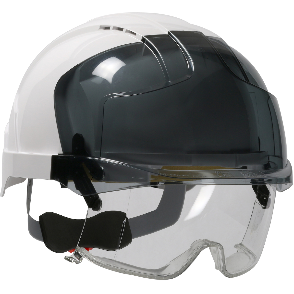 Type I, Vented Industrial Safety Helmet with Lightweight ABS Shell, Integrated ANSI Z87.1 Eye Protection, 6-Point Polyester Suspension and Wheel Ratchet Adjustment, White, OS