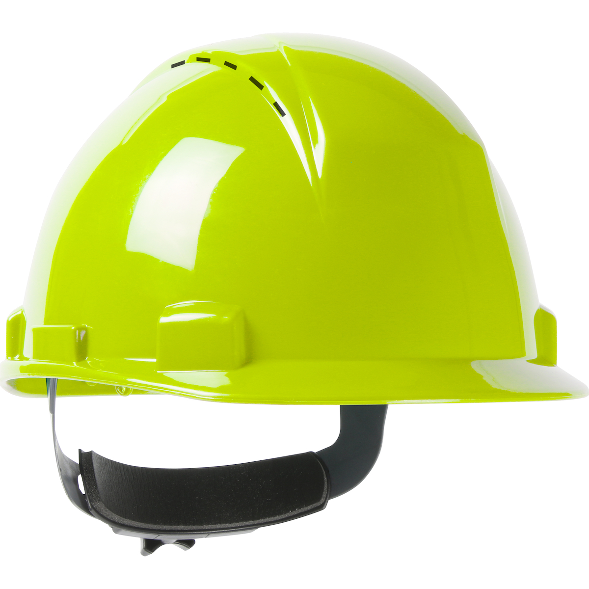 Short Brim, Vented, Cap Style Hard Hat with HDPE Shell, 4-Point Textile Suspension and Wheel Ratchet Adjustment, Hi-Vis Yellow, OS