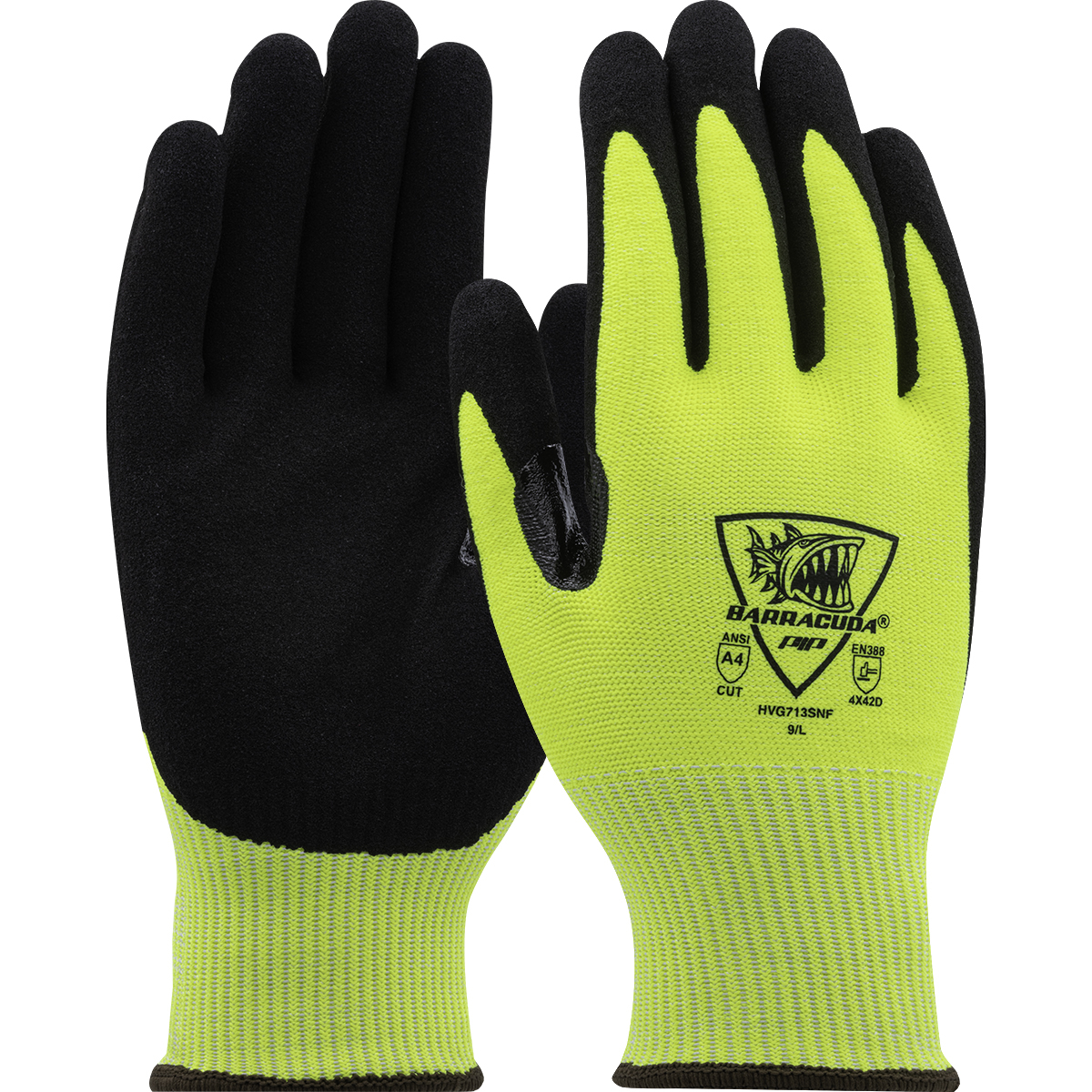 Barracuda® Hi-Vis Seamless Knit PolyKor® Blended Glove with Nitrile Coated Coated Sandy Grip on Palm & Fingers - Touchscreen Compatible