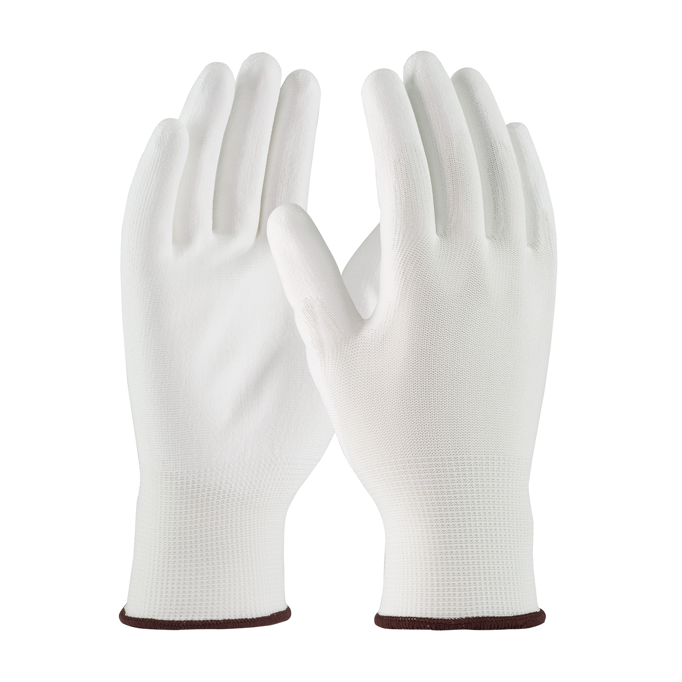 Seamless Knit Polyester Glove with Polyurethane Coated Smooth Grip on Palm & Fingers, White, L