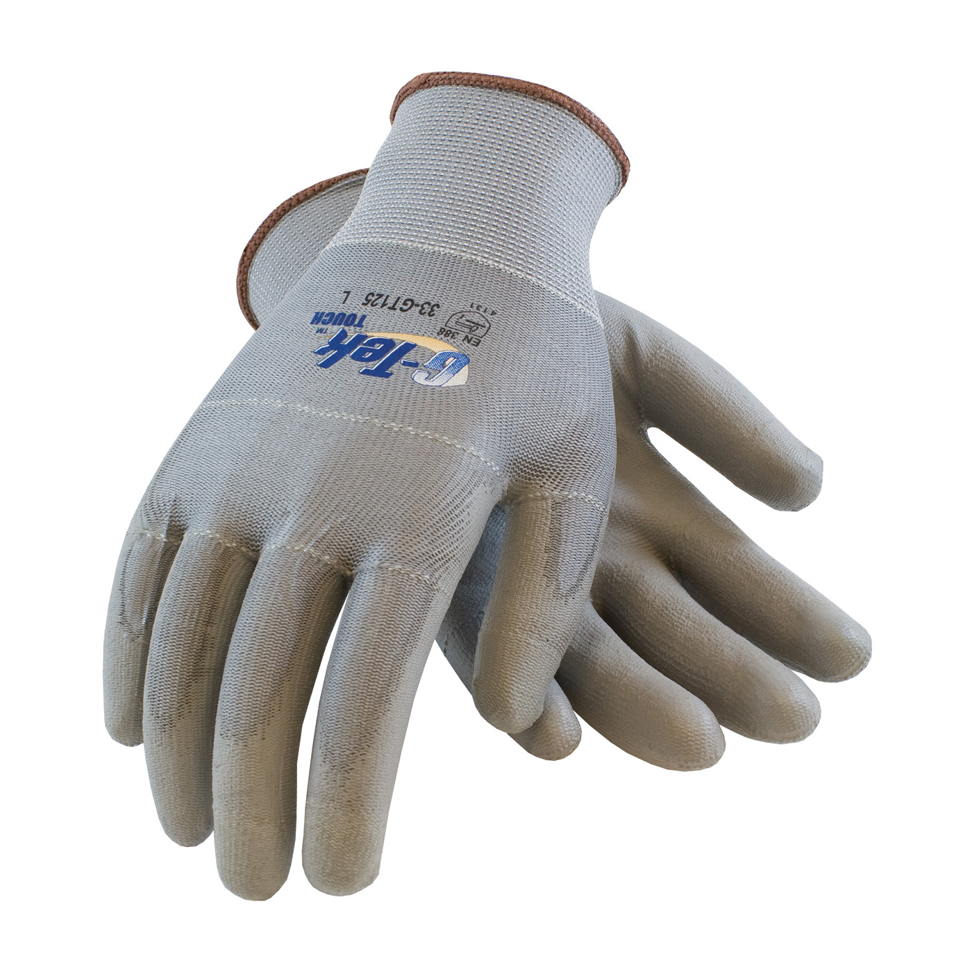 Seamless Knit Nylon / Polyester Glove with Polyurethane Coated Smooth Grip on Palm &amp; Fingers - Touchscreen Compatible, Gray, M